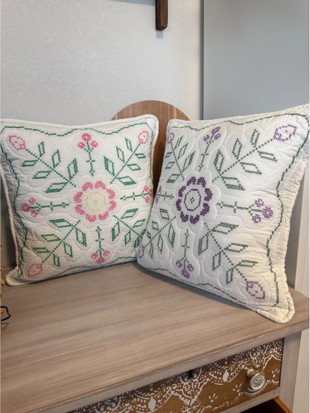 Pair of Vintage Floral Embroidered Decorative Throw Pillows
